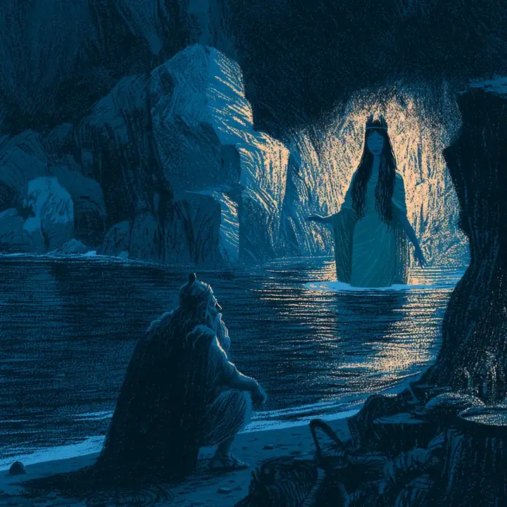 Une nymphe sort de la mer : Eidothée, la fille du vieux dieu.