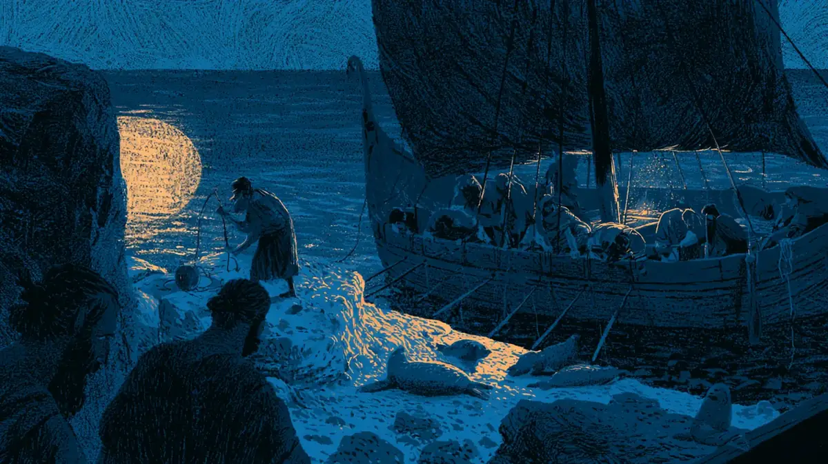 Un navire grec immobile près d'une petite île de calcaire blanc, voiles pendantes. Des marins épuisés pêchent par-dessus bord ; quelques phoques dorment sur les rochers.