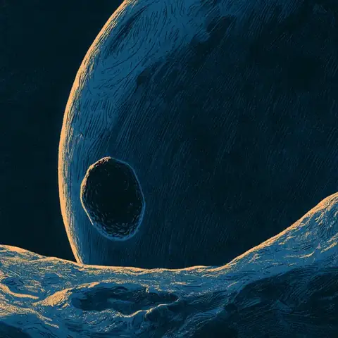 La petite lune Protée, cabossée et sombre, passe devant la grande planète bleue Neptune.