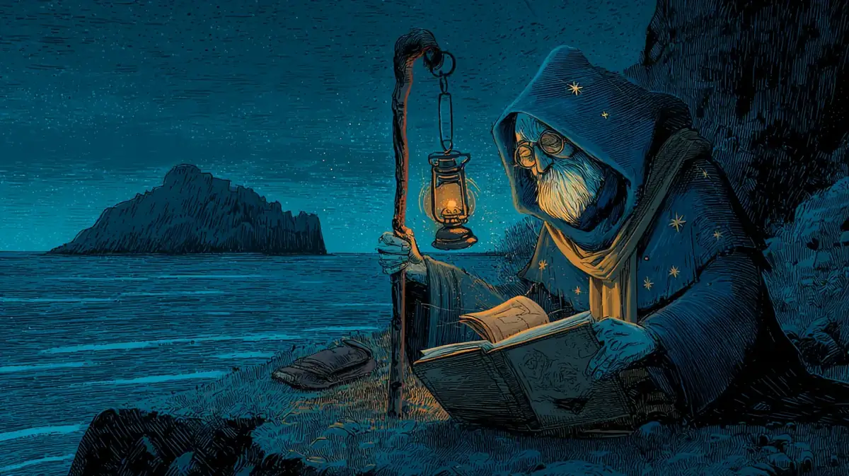 Passelume, assis sur un rocher au-dessus de la mer, la nuit, referme doucement un grand livre. Sa lanterne est posée à côté de lui ; au loin, une petite île.