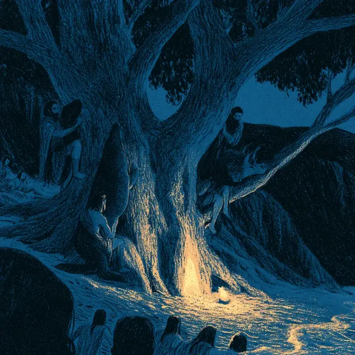 En arbre immense. Ils s'y accrochent.