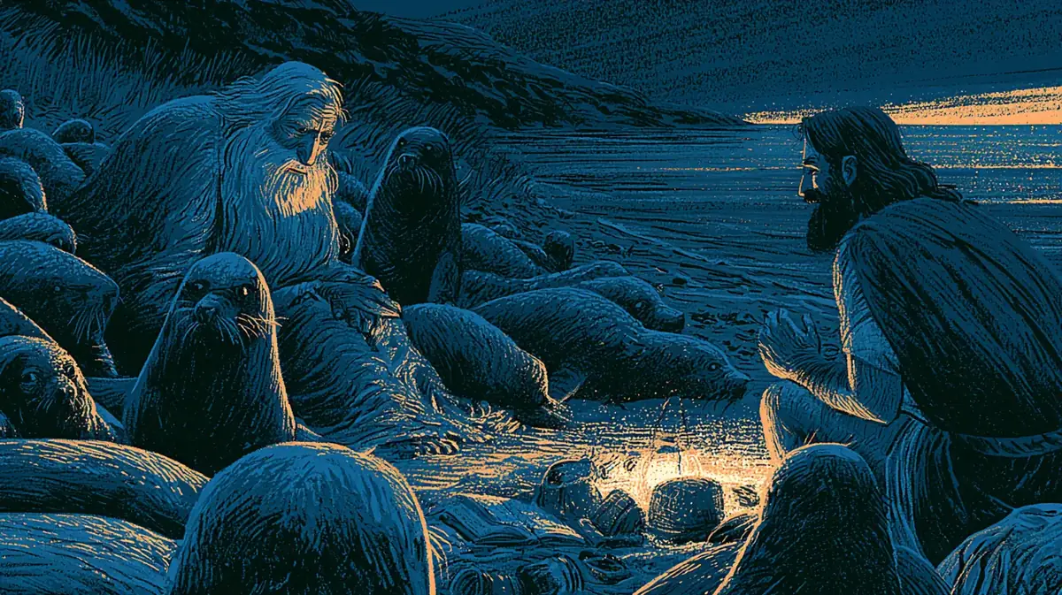Au coucher du soleil, le vieux dieu de la mer, vaincu, assis parmi ses phoques, parle au roi grec agenouillé qui l'écoute.