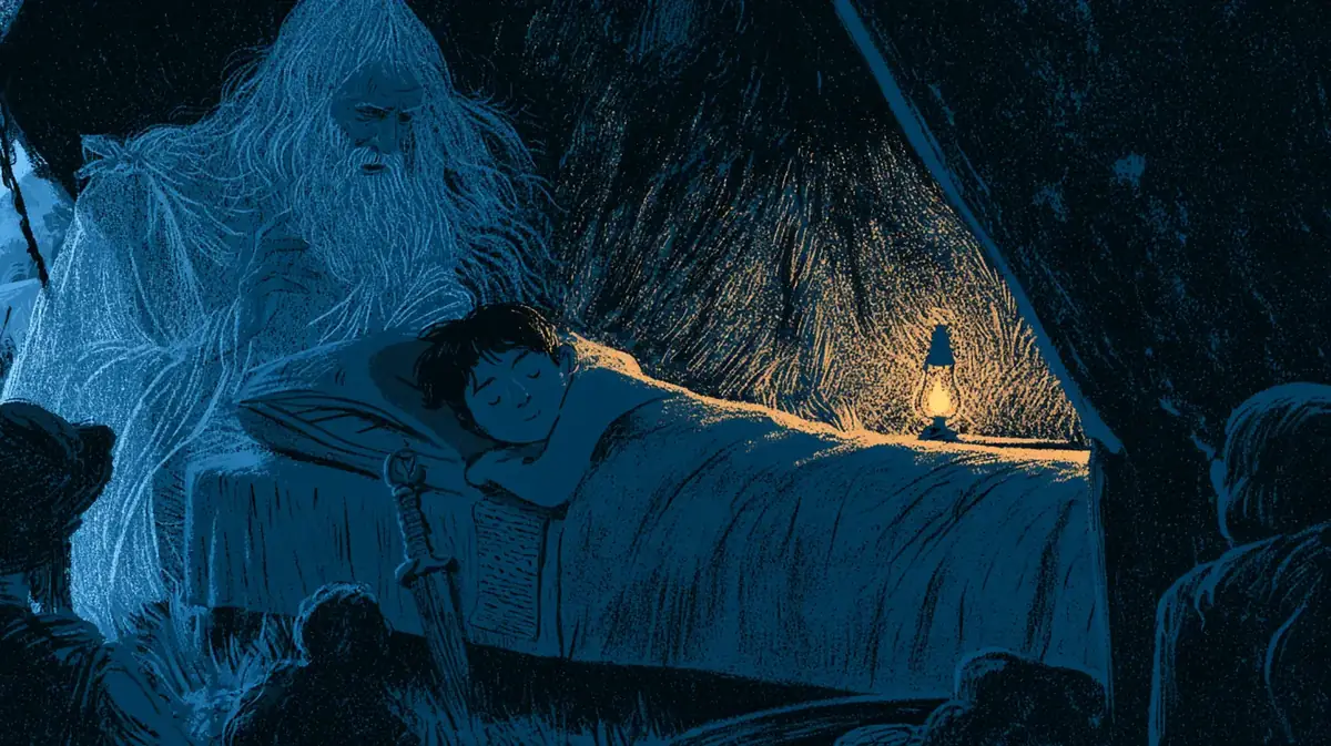 La nuit, sous une tente, un jeune roi dort, un poignard et un rouleau sous l'oreiller. À son chevet, la silhouette d'un vieillard aux cheveux blancs lui récite des vers.