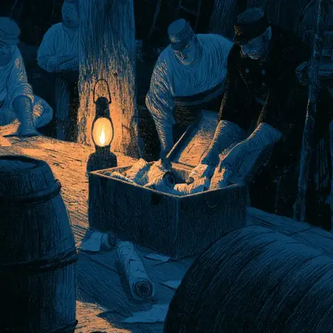 Sur un quai, des fonctionnaires du port sortent des rouleaux de papyrus du coffre d'un marin.
