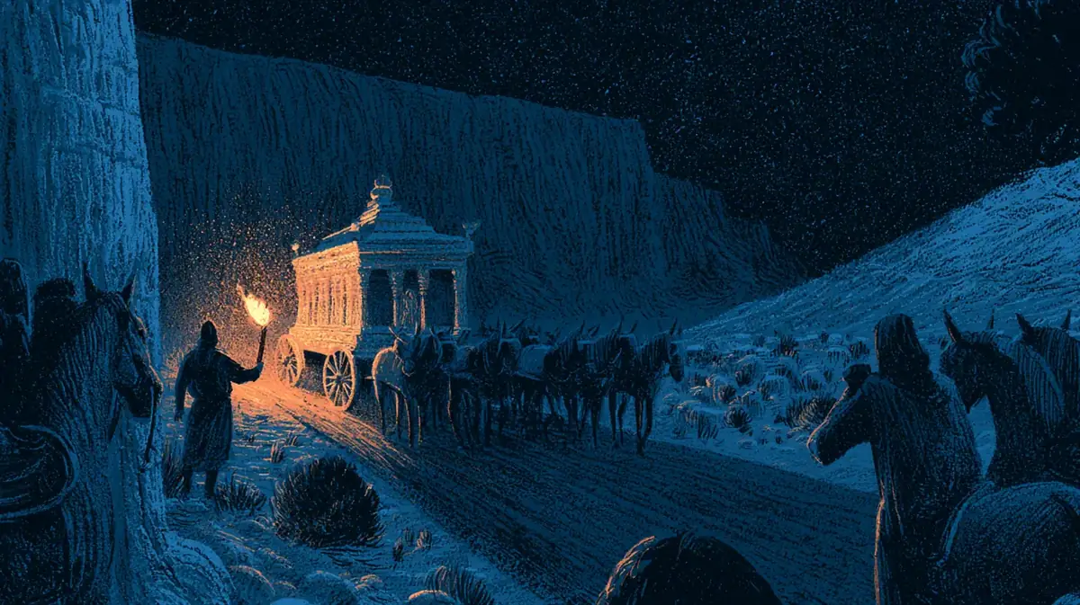 La nuit, sur une route du désert, des cavaliers arrêtent un char funéraire d'or tiré par une longue file de mulets. Une seule torche fait briller l'or.