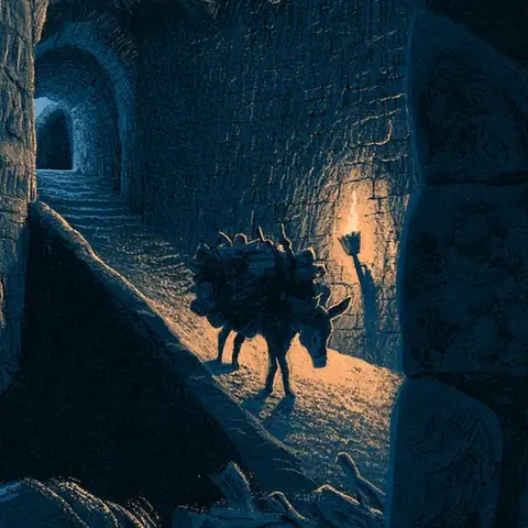 Dans un couloir voûté à l'intérieur de la tour, un âne chargé de bois monte la rampe, éclairé par une torche.