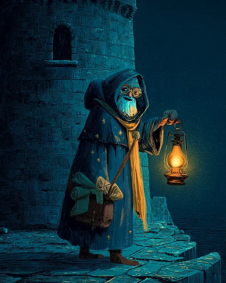 Passelume, vieux conteur en manteau bleu nuit étoilé, lunettes rondes et écharpe dorée, tient sa lanterne allumée au pied d'une tour de pierre, la nuit.