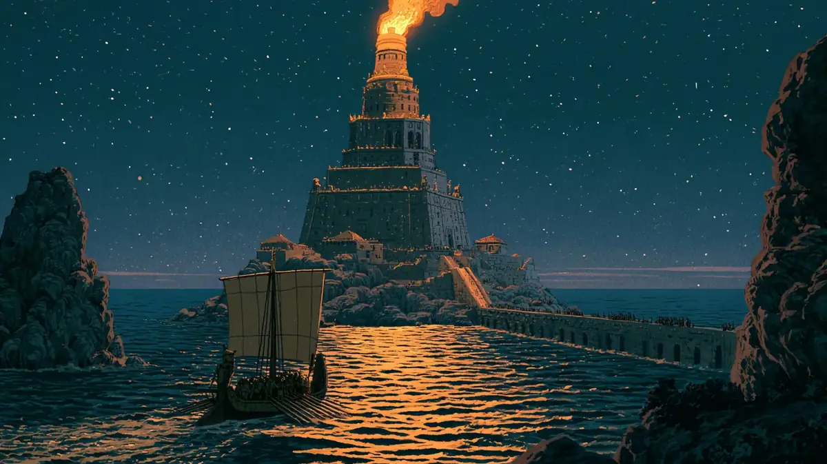 La nuit, une tour de pierre à trois étages se dresse sur son île, un grand feu à son sommet. Une longue chaussée la relie à la terre. Au premier plan, un navire grec à voile carrée approche sur une mer qui reflète la lumière dorée.