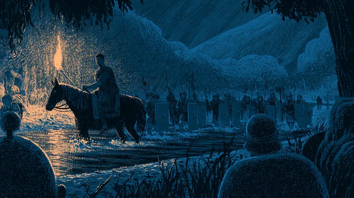 La nuit, un général romain à cheval mène sa légion à travers une petite rivière. Les légionnaires avancent dans l'eau derrière lui ; une seule torche est levée.