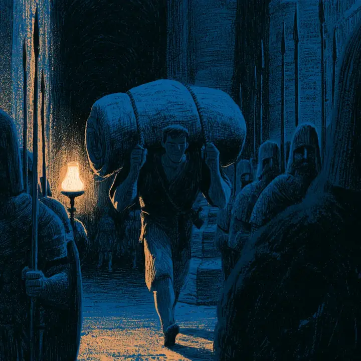 À la nuit tombée, Apollodore passe devant les gardes, un sac à literie sur l'épaule.