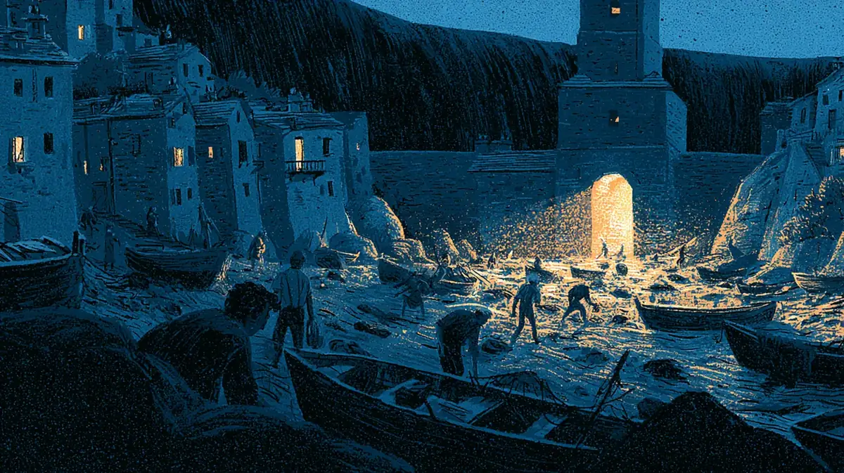 À l'aube, la mer s'est retirée du port : des barques gisent sur le fond, des gens ramassent des poissons à la main. Au loin, un mur d'eau sombre se lève. La grande tour garde l'entrée du port.