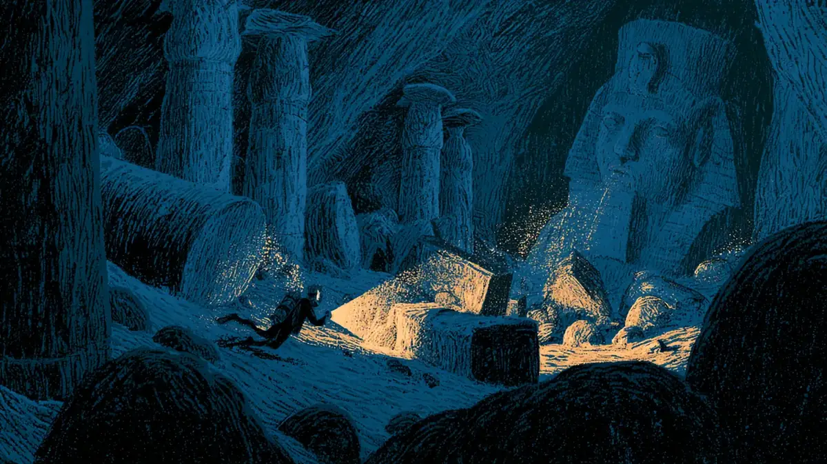 Sous l'eau, un plongeur éclaire de sa lampe des blocs de granit géants, des colonnes couchées et la statue colossale d'un pharaon étendue sur le fond.