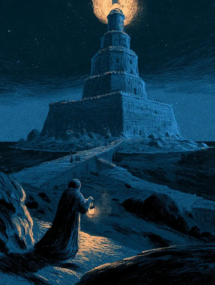 La nuit, une tour colossale à trois étages se dresse sur son île, un feu à son sommet. Au premier plan, un petit conteur à la lanterne la regarde, de dos.