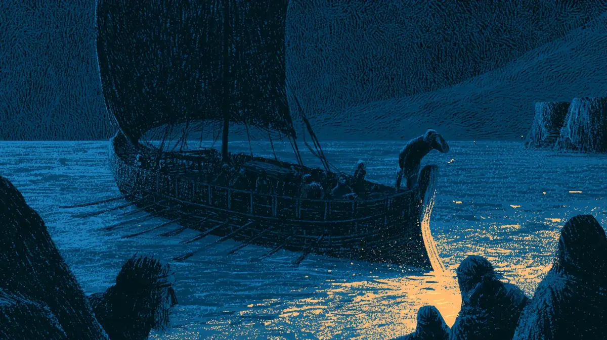 Au crépuscule, un navire grec à voile carrée dérive sur une mer plate et lisse. Un marin, à la proue, cherche des yeux une côte qu'on ne voit pas.